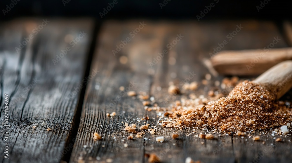 Aufkleber close up of brown sugar scattered on rustic wooden surface with a wooden scoop in the background : g