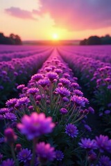 Obraz premium Purple flower field stretching towards the horizon at dawn, purple, flowers