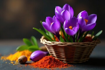Obraz premium Purple crocus flowers in a basket with saffron threads and leaves, spices, leaves