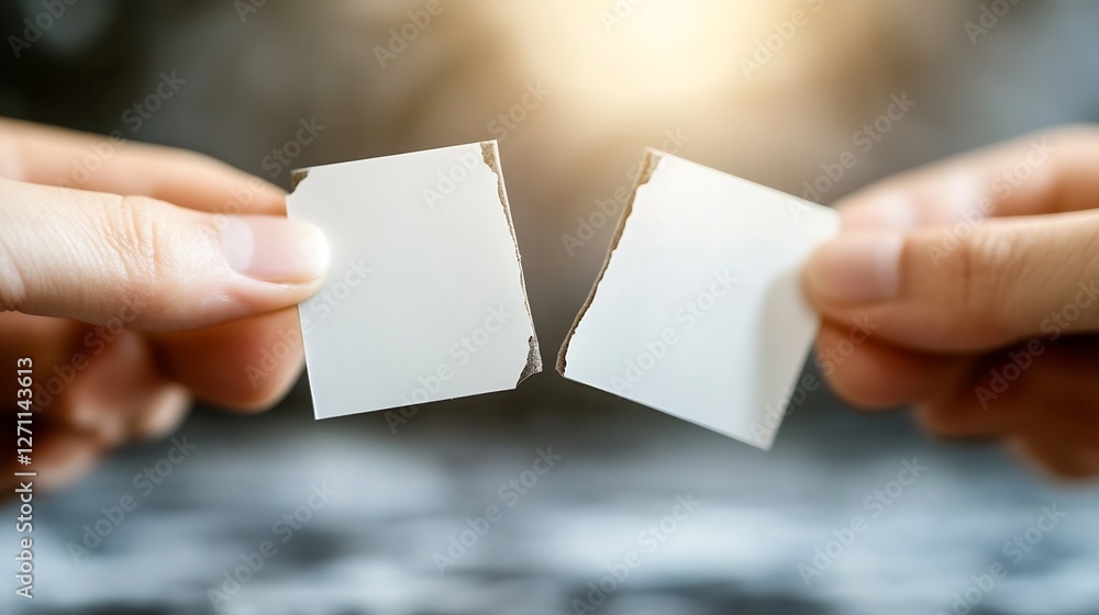 Aufkleber Hands Holding Two Broken Pieces of White Paper Symbolizing Communication and Connection Challenges : Generative AI