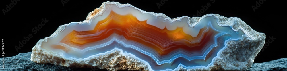 Poster a large piece of agate sits atop a rocky surface, showcasing its unique patterns and colors