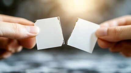 Obraz premium Hands Holding Two Broken Pieces of White Paper Symbolizing Communication and Connection Challenges : Generative AI