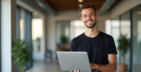 Young Professional Working on Laptop in Modern Office