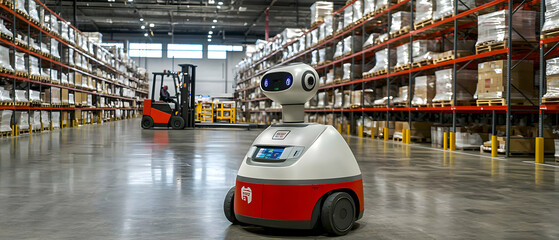 Robot automation enhancements in warehouse logistics modern facility technology industrial space front angle efficiency focus
