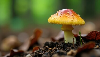Fototapeta premium Psilocybe semilanceata growing in decaying leaves, natural habitats, wild mushroom growth, forest habitat