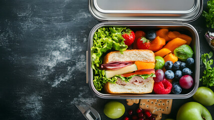 School lunch box with full meal top view with copy space 
