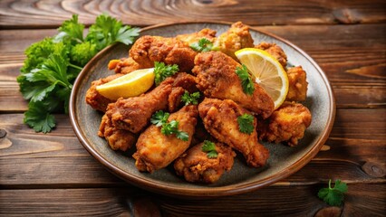 Fototapeta premium Crispy fried chicken wings with a golden brown coating on a plate, garnished with fresh parsley and lemon wedges , plate