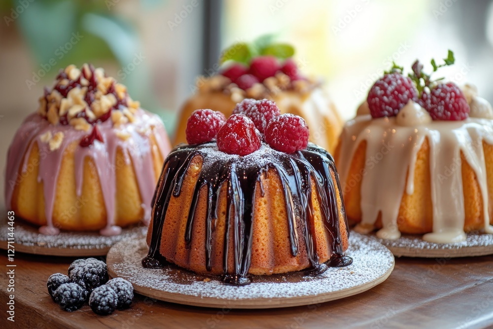 Poster three bundt cakes topped with icing on a table