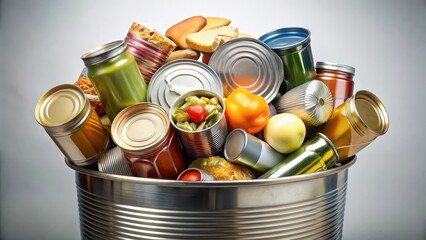 Bin overflowing with canned goods non perishable items donations collection storage facility, pantry staples, non perishables