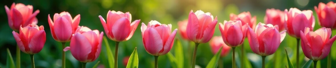 Naklejka premium Pink petals of roses and tulips unfold amidst lush greenery, blooms, tulips