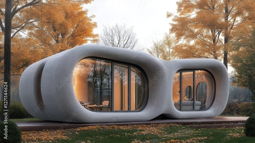 Poster future where 3d-printed houses can be built in a day using eco-friendly materials.