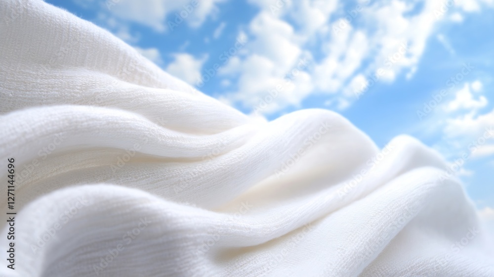 Poster Soft white fabric gently flowing under a bright sky with fluffy clouds in a serene atmosphere : Generative AI