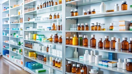A close-up of a pharmacy shelf with various medicines and medications on display, shelves, medication