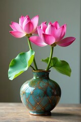 Pink lotus blooms on a decorative ceramic vase, flowers arrangement, pink lotus
