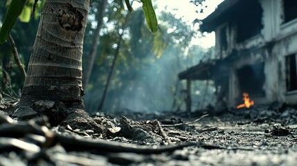 Obraz premium Aftermath of Fire Damage to Tropical Building