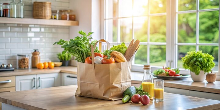 A grocery bag filled with fresh produce and packaged goods sits on a clean kitchen counter, surrounded by natural light and organized utensils, kitchen organization, cooking essentials
