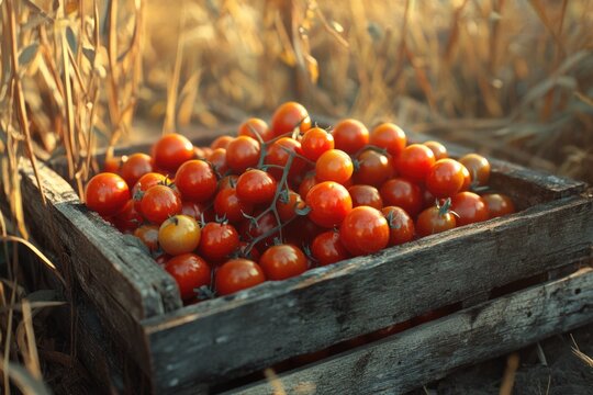 A rustic wooden crate overflowing with ripe, red cherry tomatoes, bathed in warm sunlight.