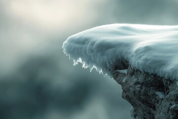 Snow-covered cliff edge with icy formations, serene winter landscape.
