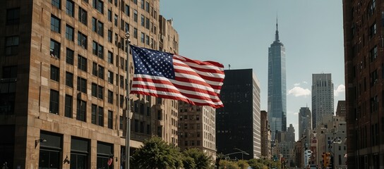 Cityscape with skyscrapers, featuring an American flag draped across a building, honoring the nation