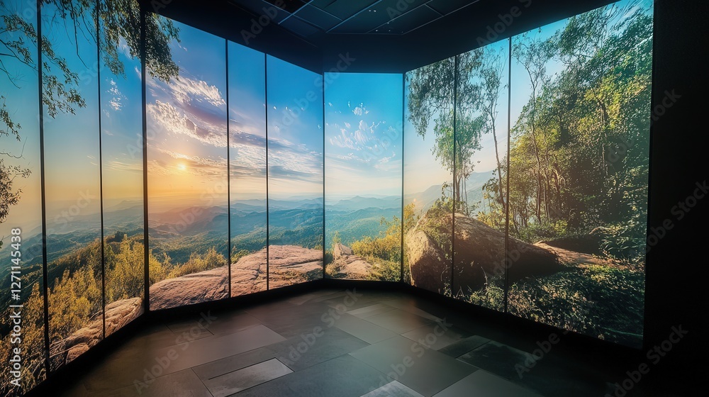 Poster future where walls display real-time scenic views from any location.