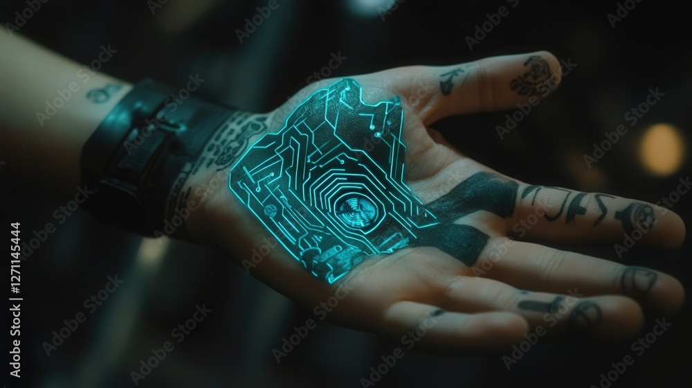 Poster future where smart tattoos function as biometric security devices.