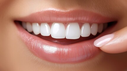 Obraz premium A close-up of a smiling woman showcasing her bright, white teeth and healthy gums, emphasizing dental care.