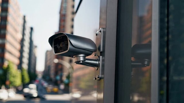 Security cameras continuously monitoring busy urban street, capturing comprehensive surveillance footage for public safety and potential crime deterrence
