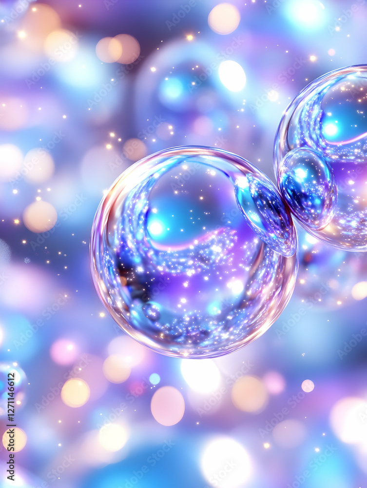 Poster abstract spheres float in space. bubbles and lights for background
