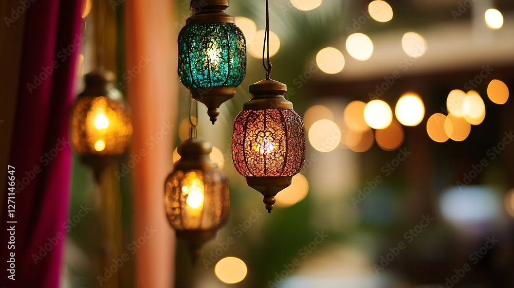 Aufkleber colorful lanterns hanging elegantly featuring intricate designs illuminated with warm light : genera