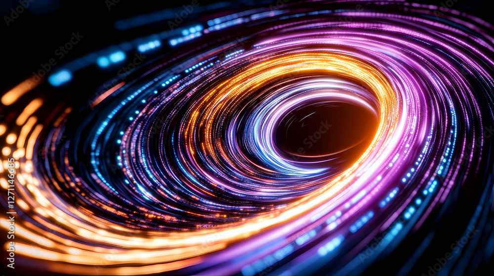 Poster abstract tunnel of light vortex with blue and orange light trails for background use