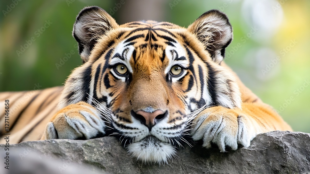 Aufkleber Majestic close up of a calm and powerful tiger resting on a rock with a blurred backdrop : Generative AI