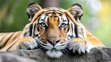 Majestic close up of a calm and powerful tiger resting on a rock with a blurred backdrop : Generative AI