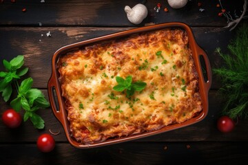 Top view of homemade rustic style lasagna baked in a ceramic dish with meat and tomato sauce