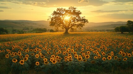 Fototapeta premium Sunset over sunflower field, lone tree silhouette