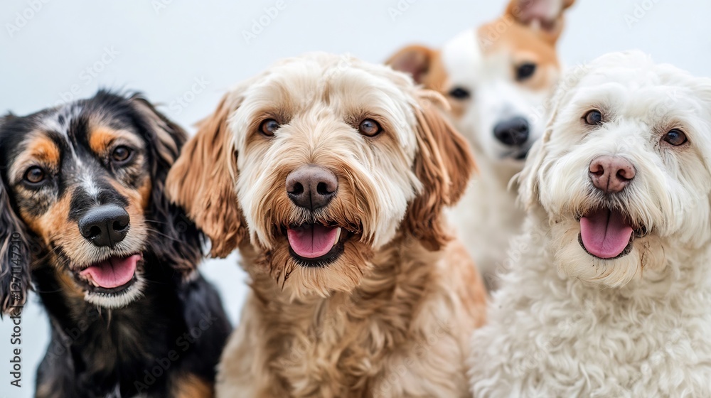 Poster adorable group of four happy dogs with bright eyes and playful expressions close up on white backgro