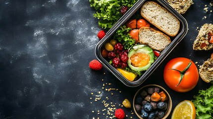 School lunch box with full meal top view with copy space 
