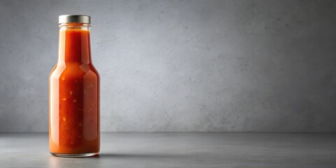 Spicy hot sauce bottle mockup on light gray background with a slight texture and subtle gradient effect, spicy condiment, label
