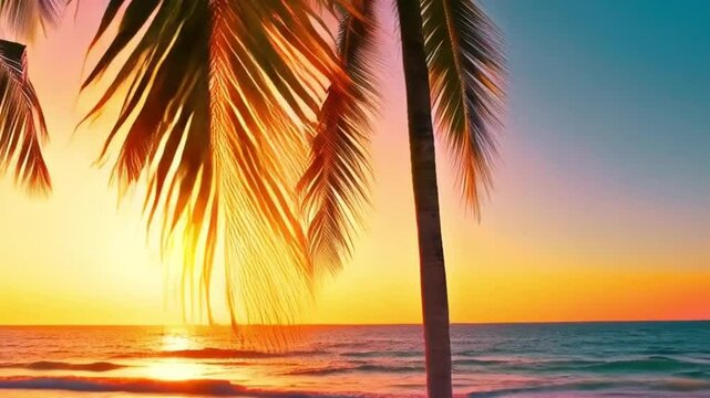 vaporwave palm trees on tropical beach at sunset &ndash; retro 80s synth wave background, tropical sunset with palm trees