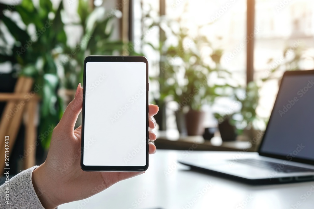 Poster a person holding up a smartphone in front of a laptop, highlighting the device's screen