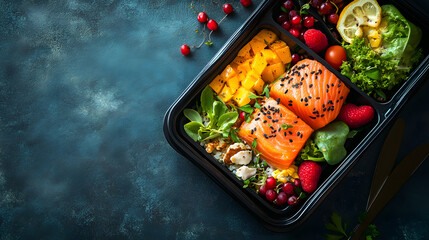 School lunch box with full meal top view with copy space 