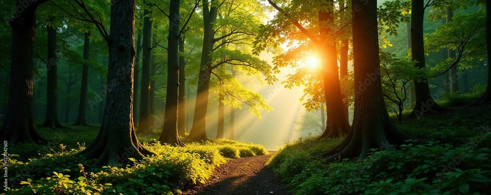 Canvas Prints dense forest with sunlight filtering through trees at dawn, sunlight, foliage, branch