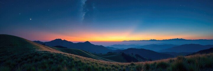 Obraz premium Hills roll gently towards horizon in soft focus under starry sky, evening, night