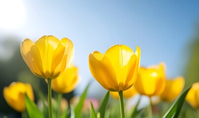 Fototapeta premium Sunny yellow tulips swaying in a gentle breeze under a clear sky, Generative AI