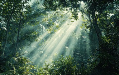 Naklejka premium A beautiful forest untouched by pollution, sunlight beaming through trees