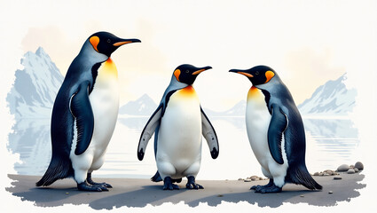 Fototapeta premium An artistic image of penguins depicted in a unique style, such as watercolor painting or digital illustration, showcasing creativity.