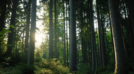 Obraz premium Sunlight streaming through tall trees in peaceful forest showcasing natural beauty : Generative AI