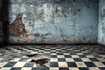 A black and white checkered floor in a room, suitable for interior design or architecture photoshoots