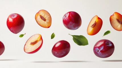 A cluster of plums suspended in mid-air, defying gravity