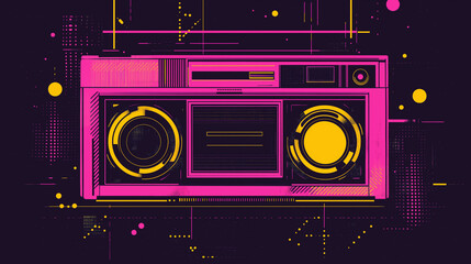 Fototapeta premium A graphic explosion of music – the image takes us back to the era of hip-hop and street art, where a black tape recorder stands out against a background of yellow and purple graphic chaos..