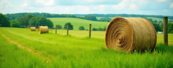 Hay bales in a green meadow with a rustic fence, rustic fence, countryside scenery